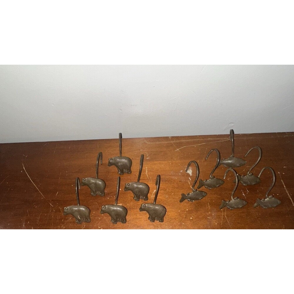 Shower Curtain Hooks 12pc Rustic Wildlife Lodge Brown Bear and Fish